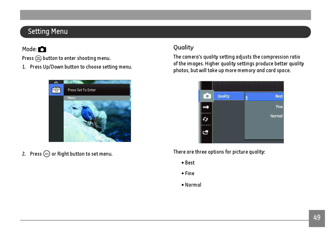 GE G100-RD, G100-BK, G100-WH user manual Setting Menu, Quality, Press func button to enter shooting menu 