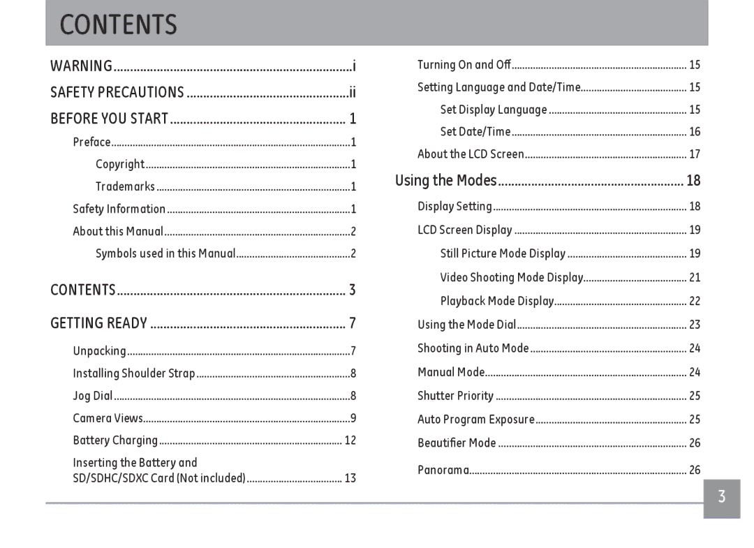 GE G100-BK, G100-RD, G100-WH user manual Contents 