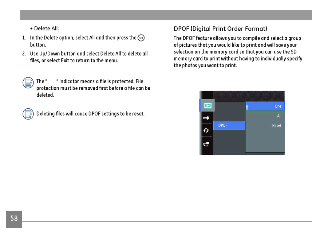 GE G100-RD, G100-BK, G100-WH user manual Dpof Digital Print Order Format, Delete option, select All and then press the button 