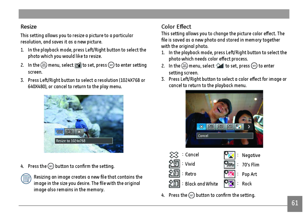 GE G100-RD, G100-BK, G100-WH Resize, Color Effect, Menu, select To set, press, Screen, Menu menu, select To set, press 