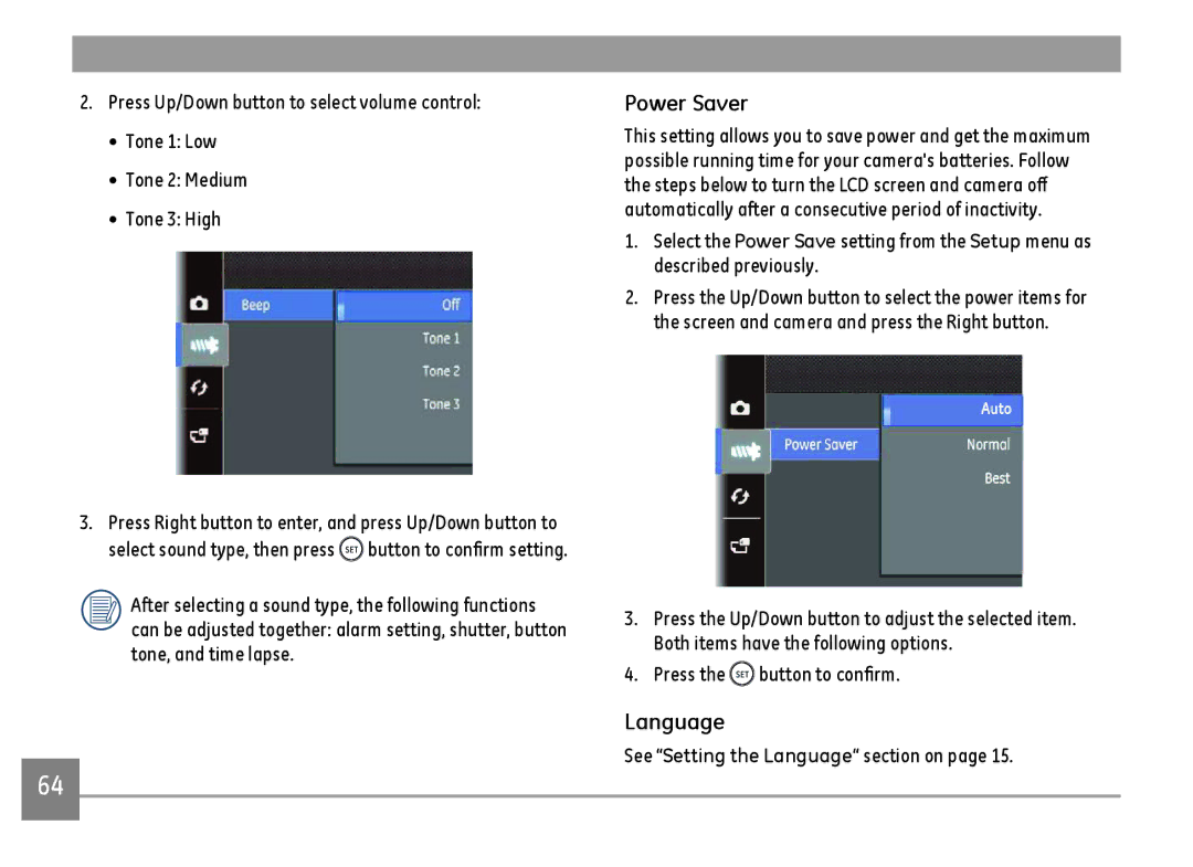 GE G100-RD, G100-BK, G100-WH user manual Power Saver, Press the button to confirm, See Setting the Language section on 