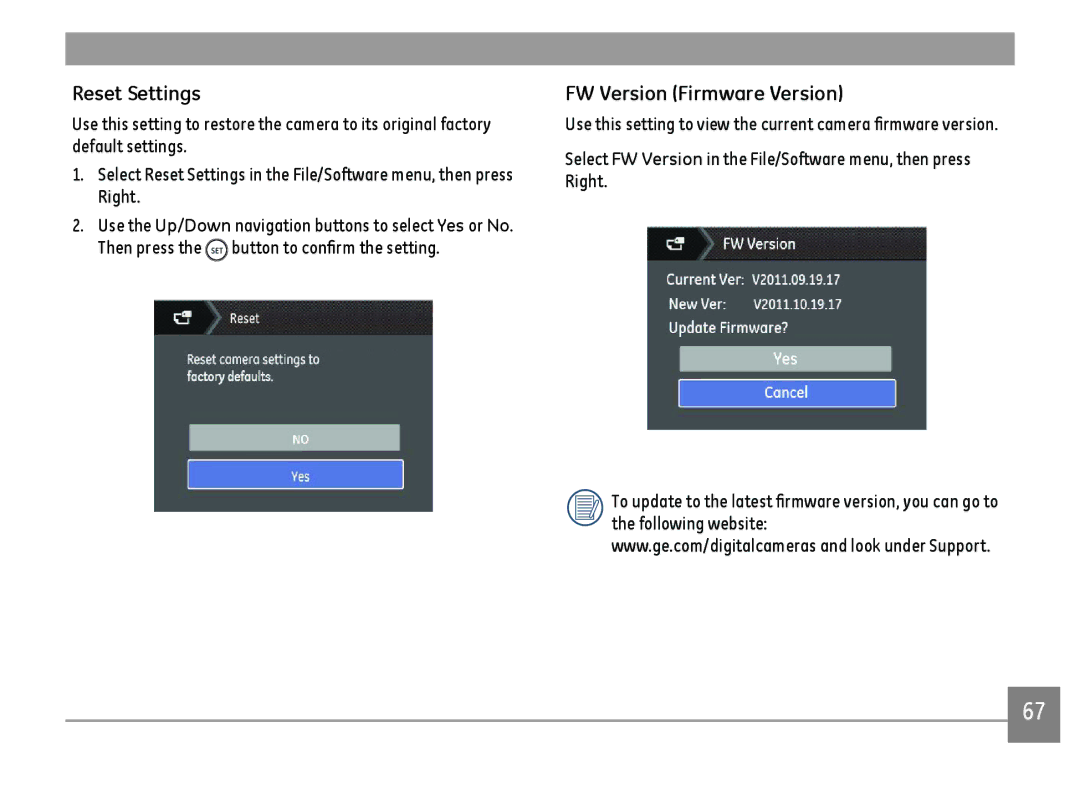 GE G100-RD, G100-BK, G100-WH user manual Reset Settings, FW Version Firmware Version 