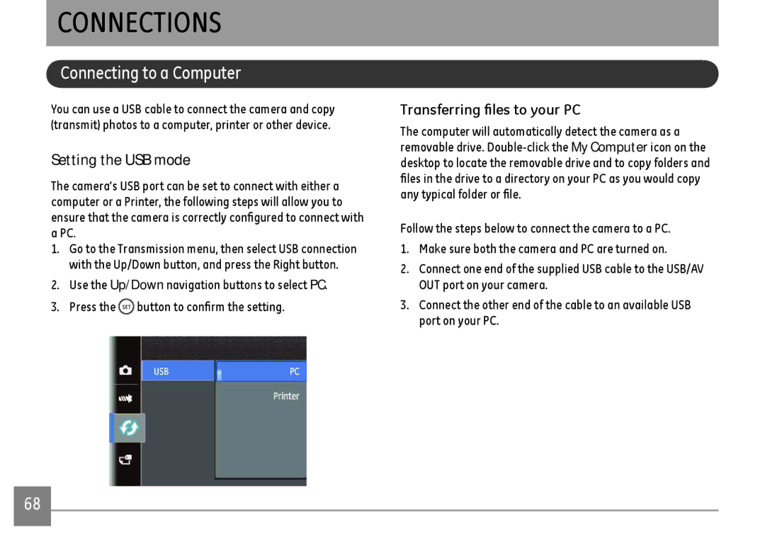 GE G100-WH, G100-BK, G100-RD Connections, Connecting to a Computer, Setting the USB mode, Transferring files to your PC 