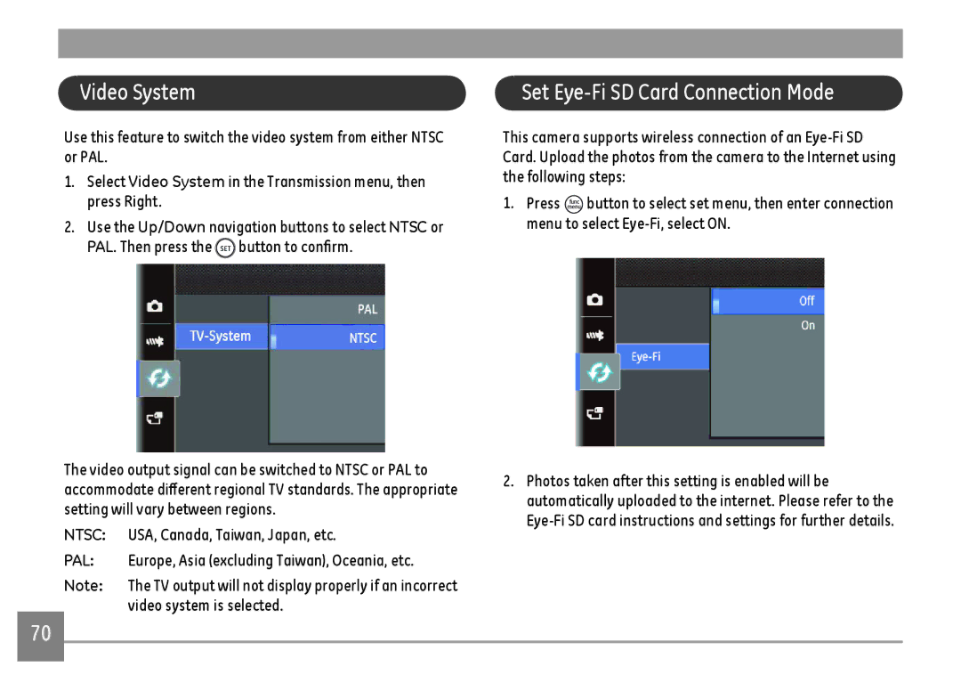 GE G100-RD, G100-BK, G100-WH user manual Video System, Set Eye-Fi SD Card Connection Mode 