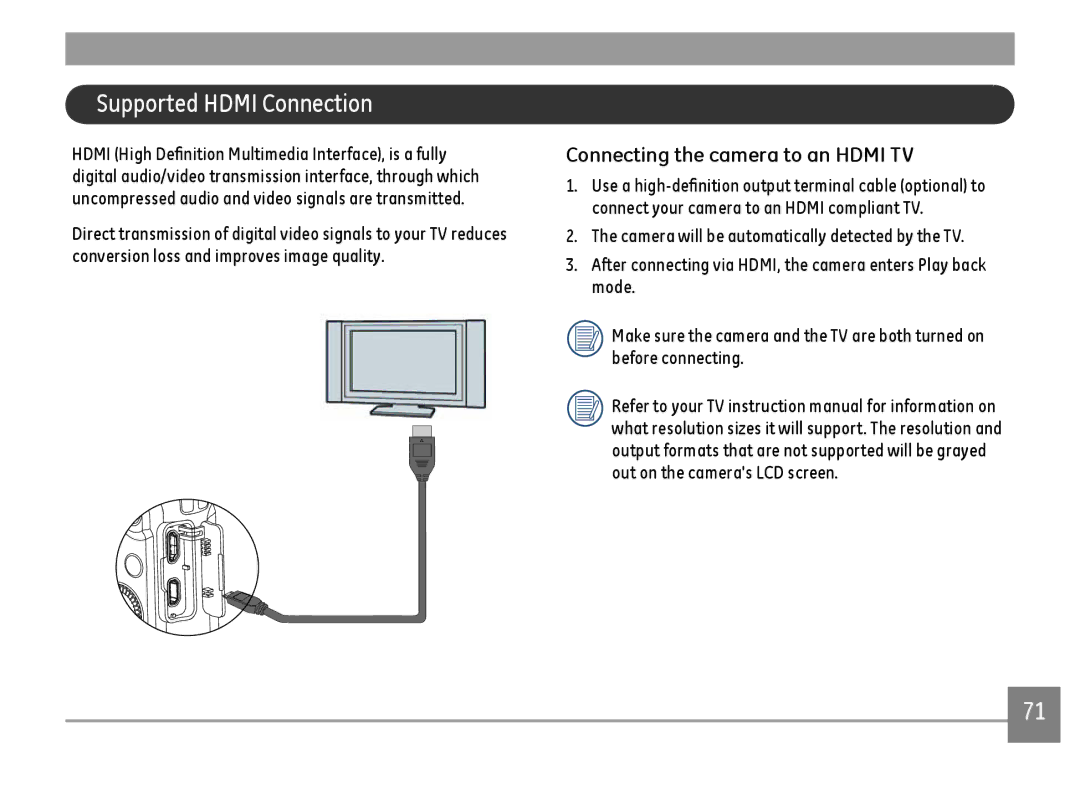 GE G100-WH, G100-BK, G100-RD user manual Supported Hdmi Connection, Connecting the camera to an Hdmi TV 