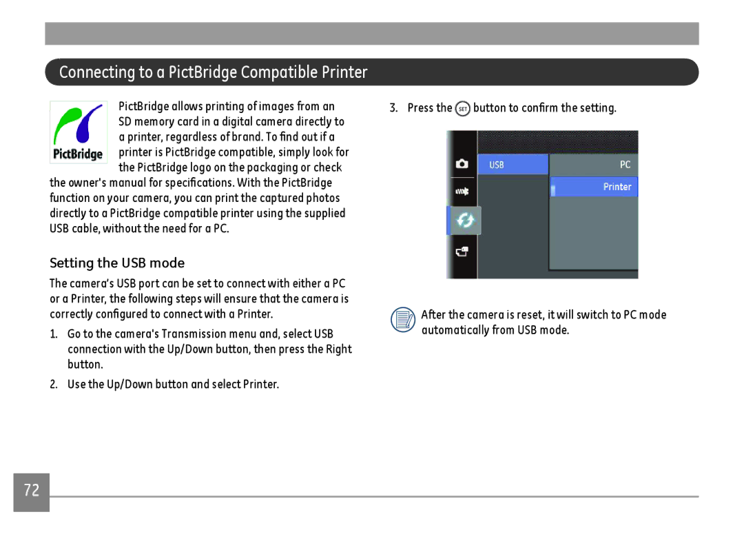 GE G100-BK, G100-RD, G100-WH user manual Connecting to a PictBridge Compatible Printer 