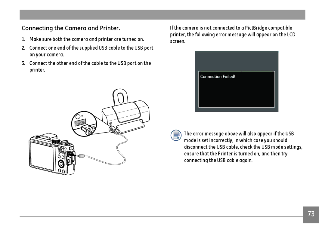 GE G100-RD, G100-BK, G100-WH user manual Connecting the Camera and Printer 