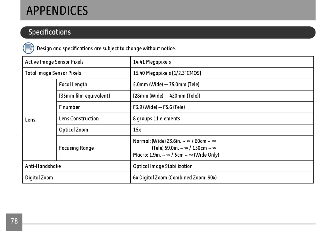 GE G100-BK, G100-RD, G100-WH user manual Appendices, Specifications 