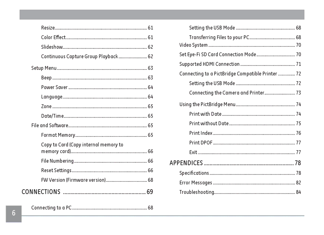 GE G100-BK, G100-RD, G100-WH user manual Copy to Card Copy internal memory to, Connections 