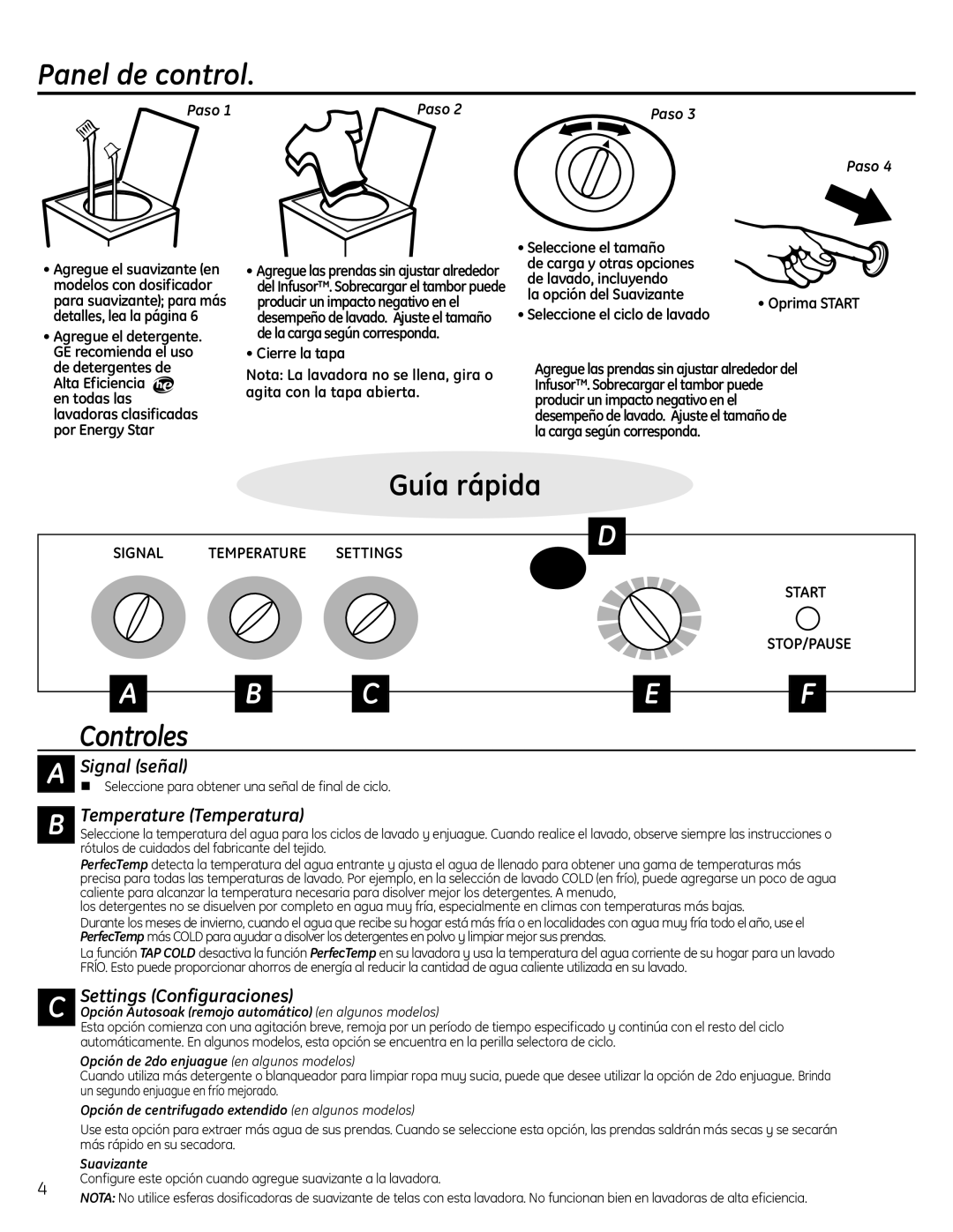 GE G132 owner manual Panel de control, Controles, Signal señal, Temperature Temperatura, Settings Configuraciones 