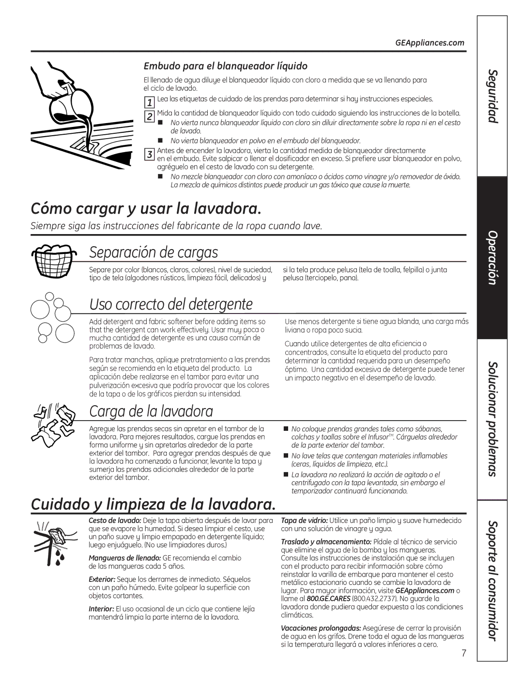 GE G132 Cómo cargar y usar la lavadora, Separación de cargas, Uso correcto del detergente, Carga de la lavadora 