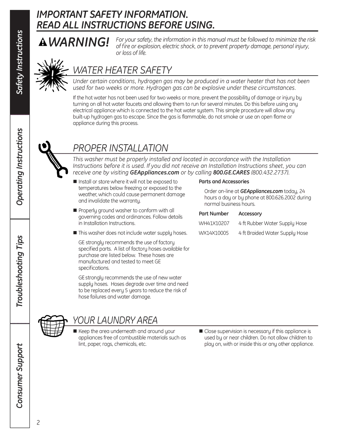 GE G132 owner manual WaTEr HEaTEr SaFETY, ProPEr InSTaLLaTIon, Your LaundrY arEa, Operating 