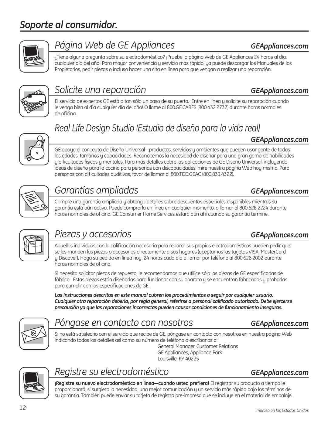 GE G132 owner manual Soporte al consumidor Página Web de GE Appliances, Solicite una reparación, Garantías ampliadas 