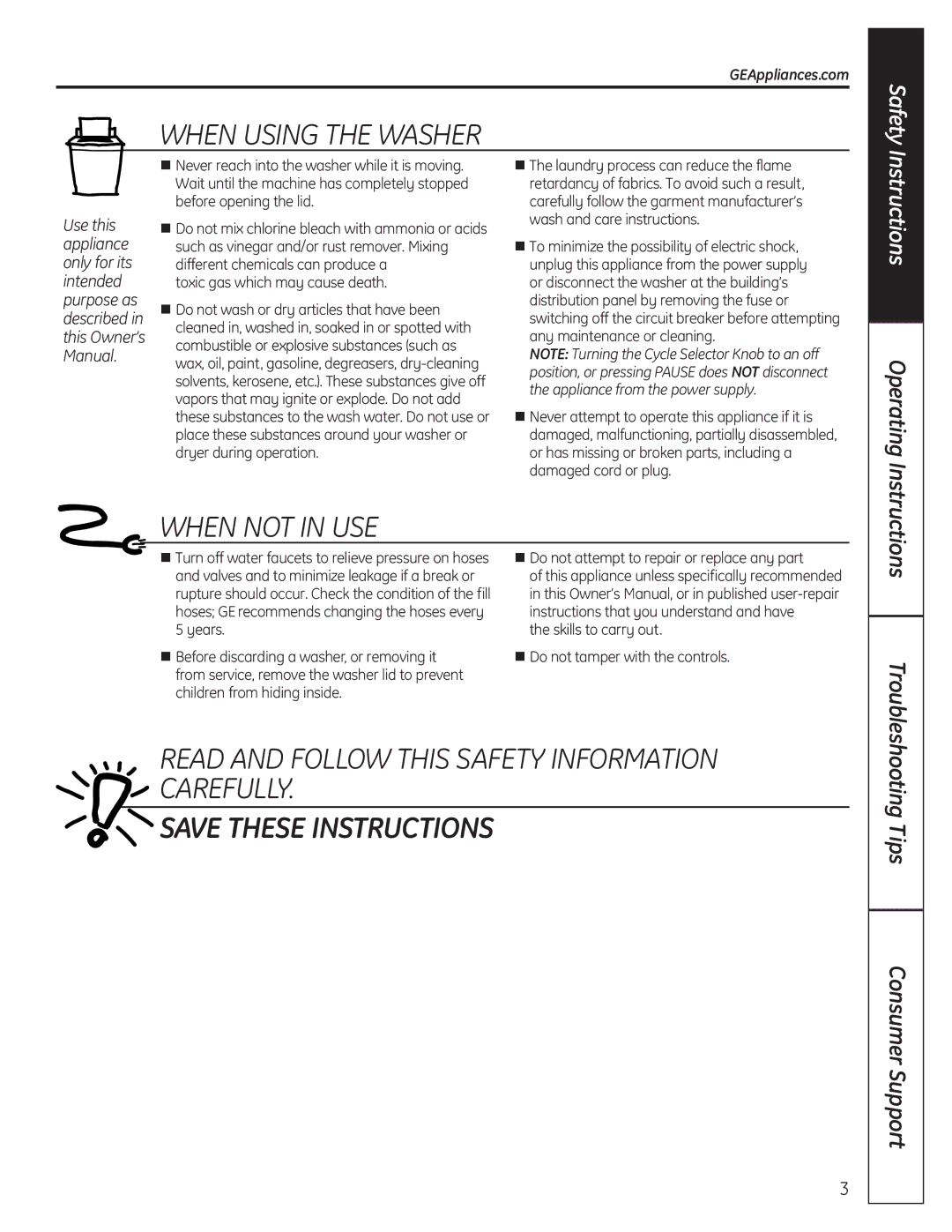 GE G132 WHEn uSInG the WaSHEr, WHEn noT In uSE, REad and FoLLoW this SaFETY InFormaTIon carEFuLLY, GEAppliances.com 