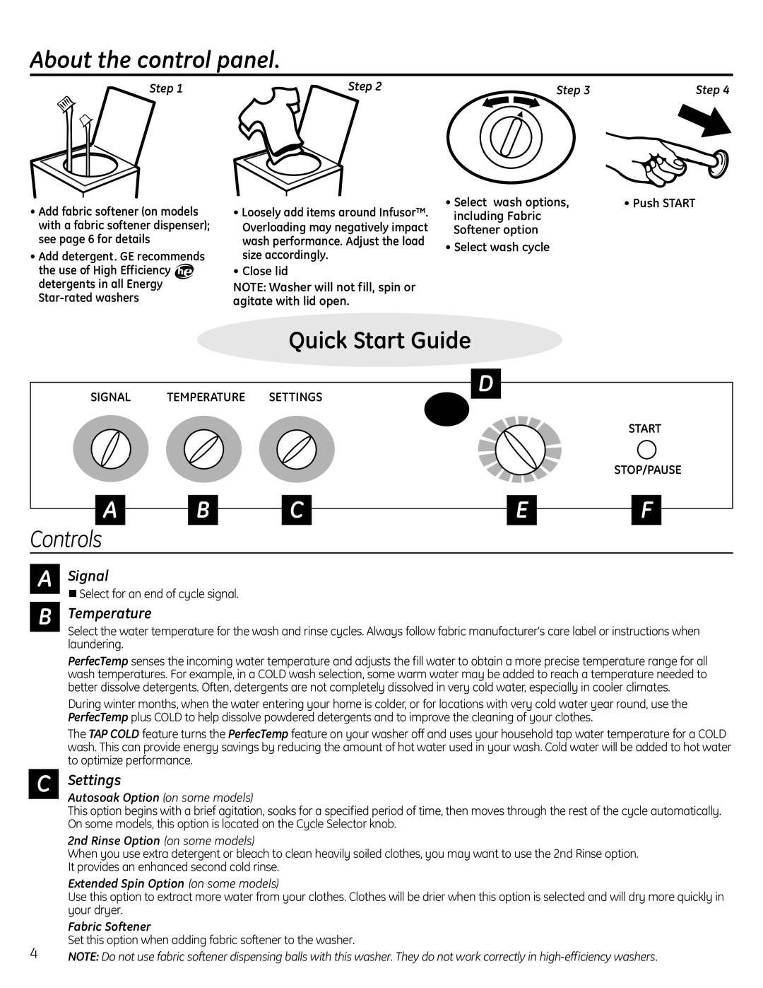 GE G132 owner manual About the control panel, Signal, Temperature, Settings 