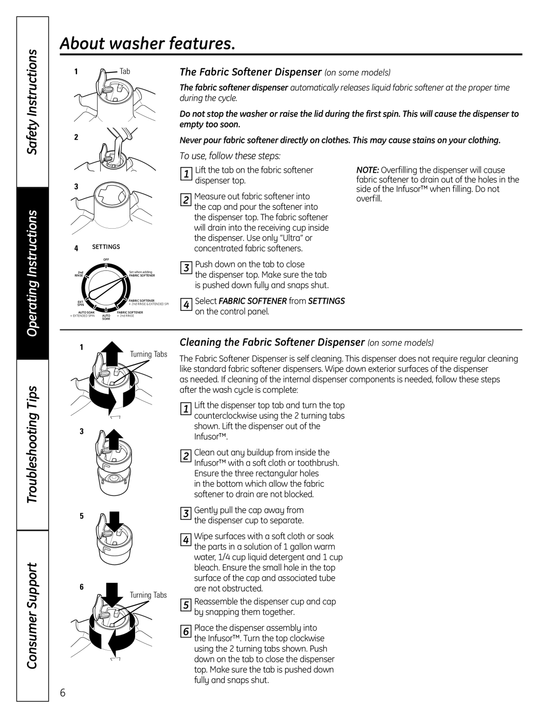 GE G132 owner manual About washer features, Fabric Softener Dispenser on some models 