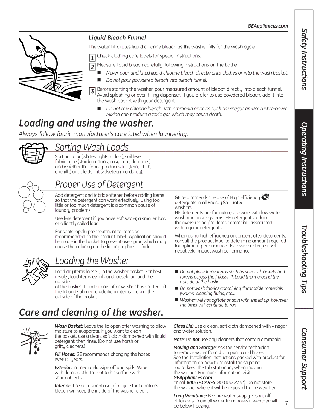 GE G132 owner manual Liquid Bleach Funnel, Check clothing care labels for special instructions 