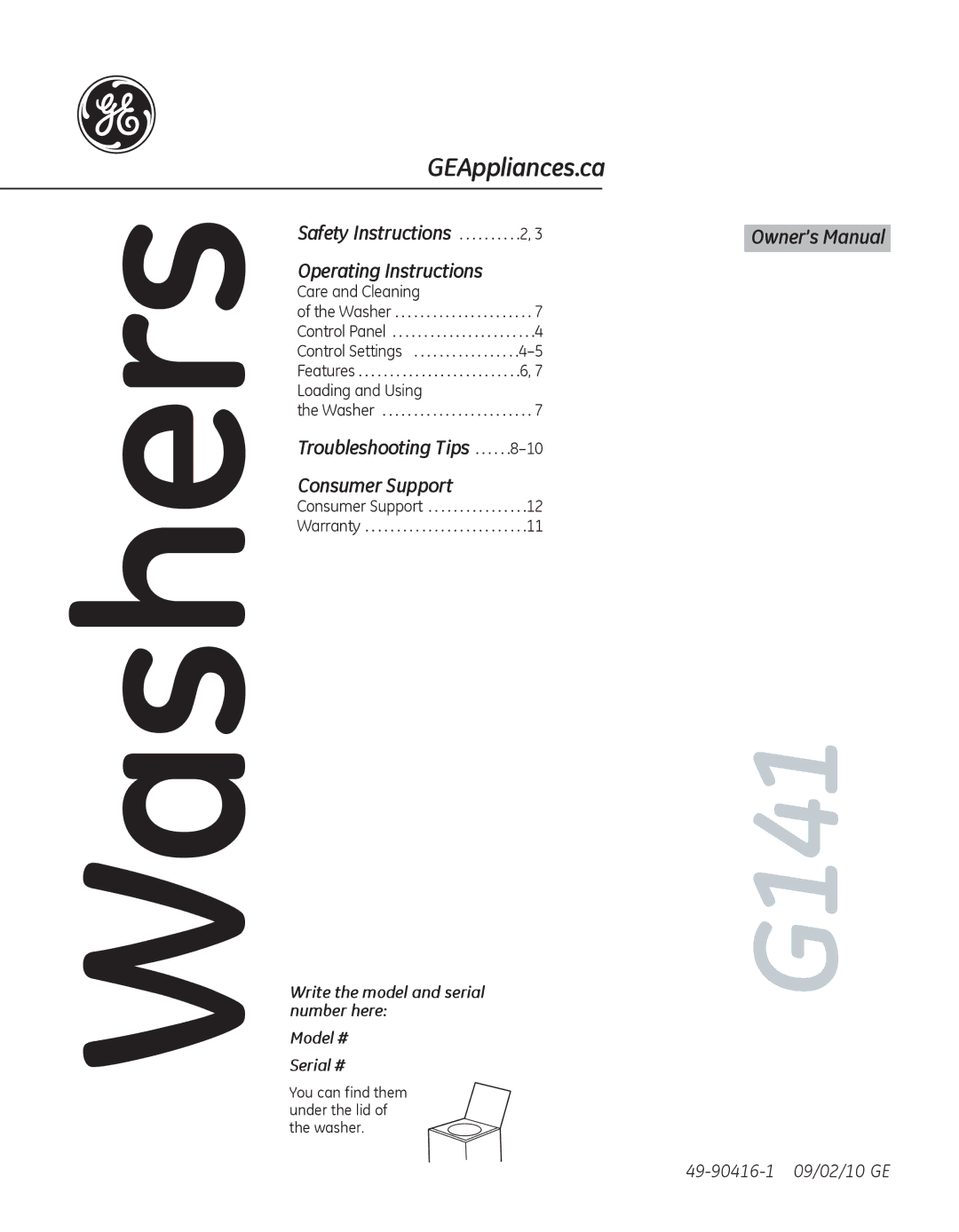 GE G141 owner manual Washers 