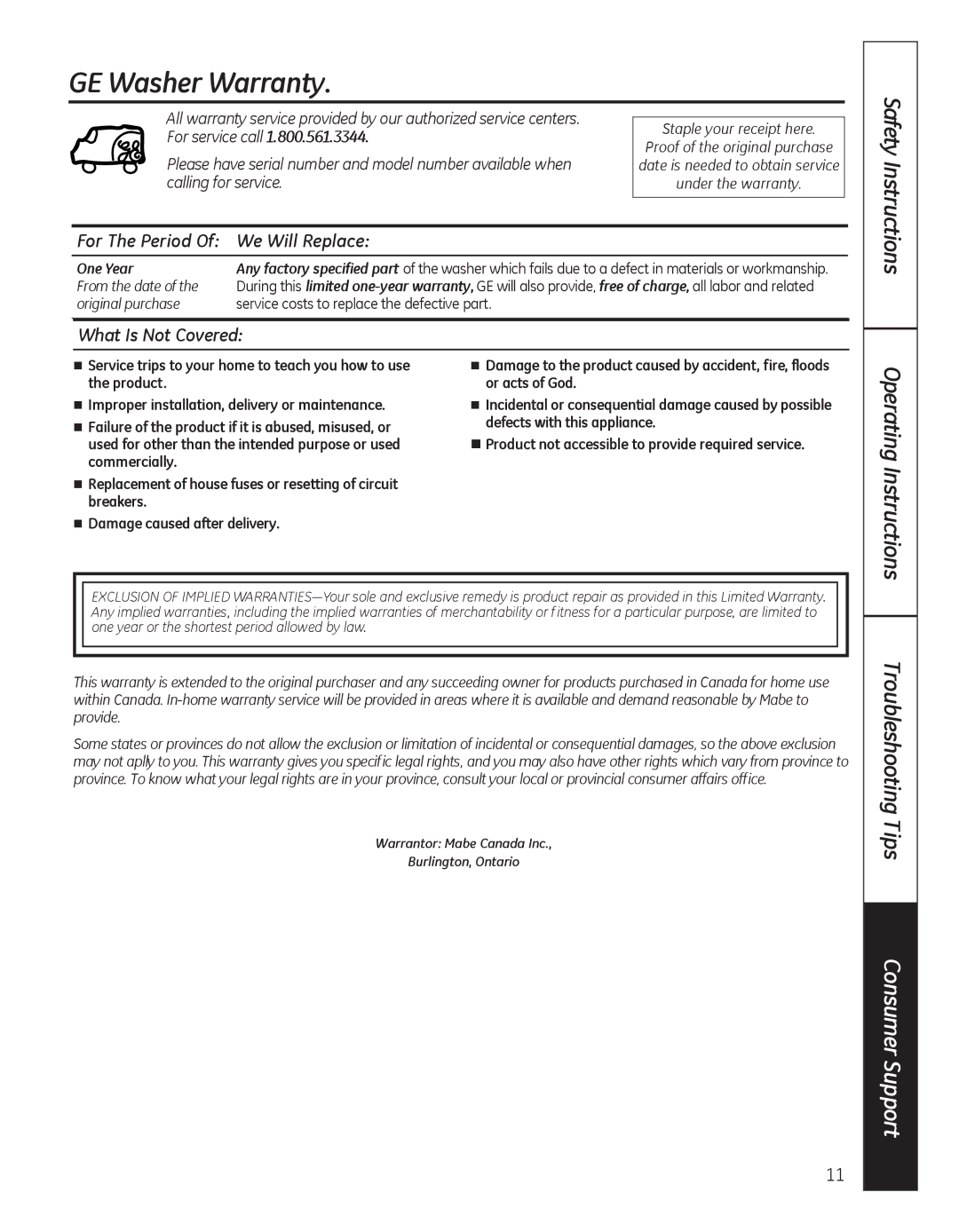 GE G141 owner manual GE Washer Warranty, Troubleshooting Tips, For The Period Of We Will Replace, What Is Not Covered 