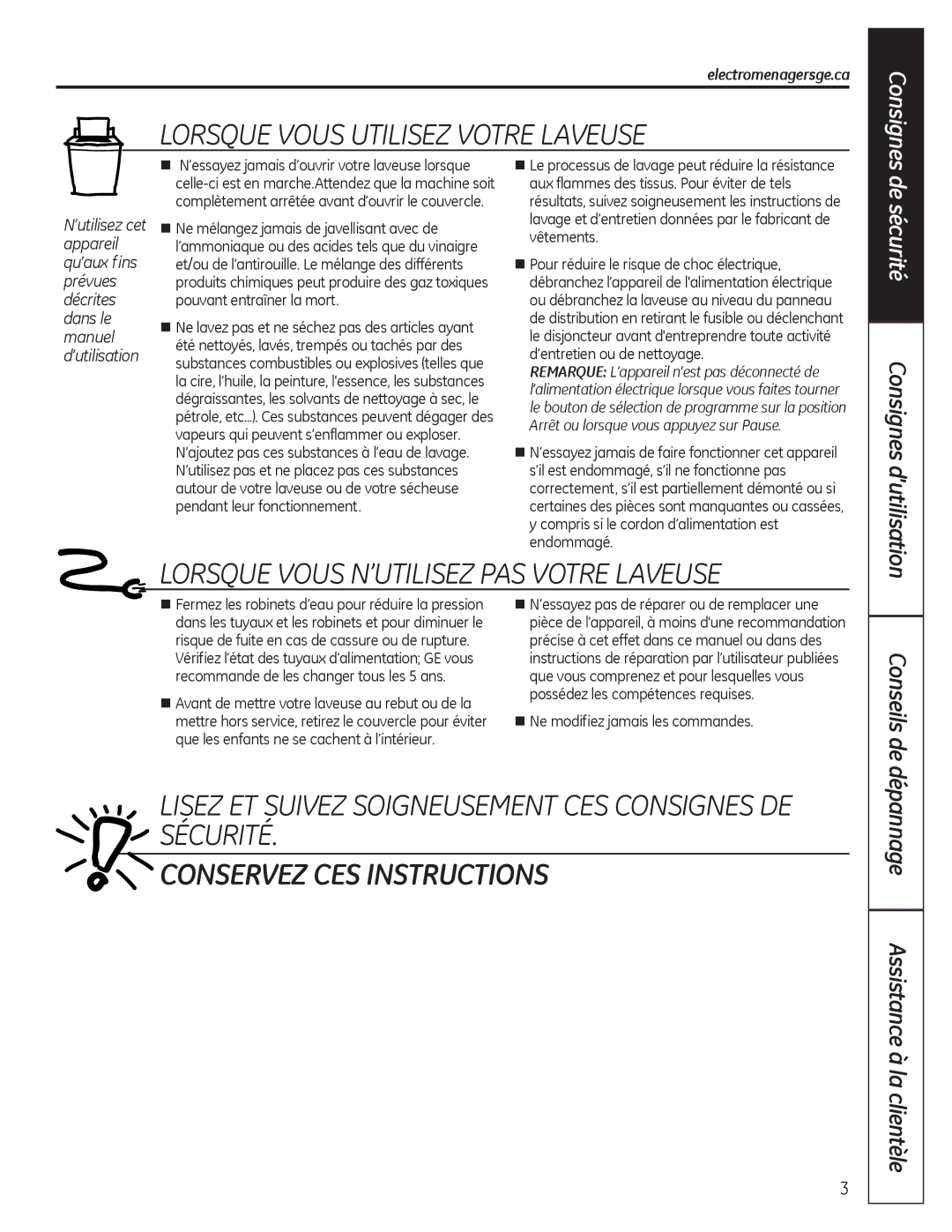 GE G141 owner manual Conseils de, Dépannage Assistance à la clientèle, Electromenagersge.ca 