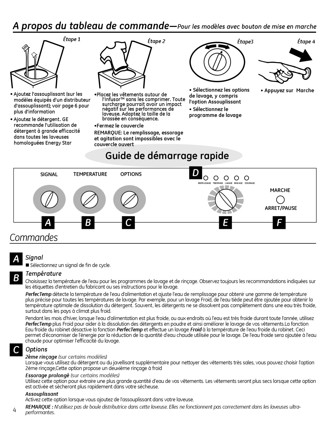 GE G141 owner manual Commandes, Température, Étape Étape3, Assouplissant 