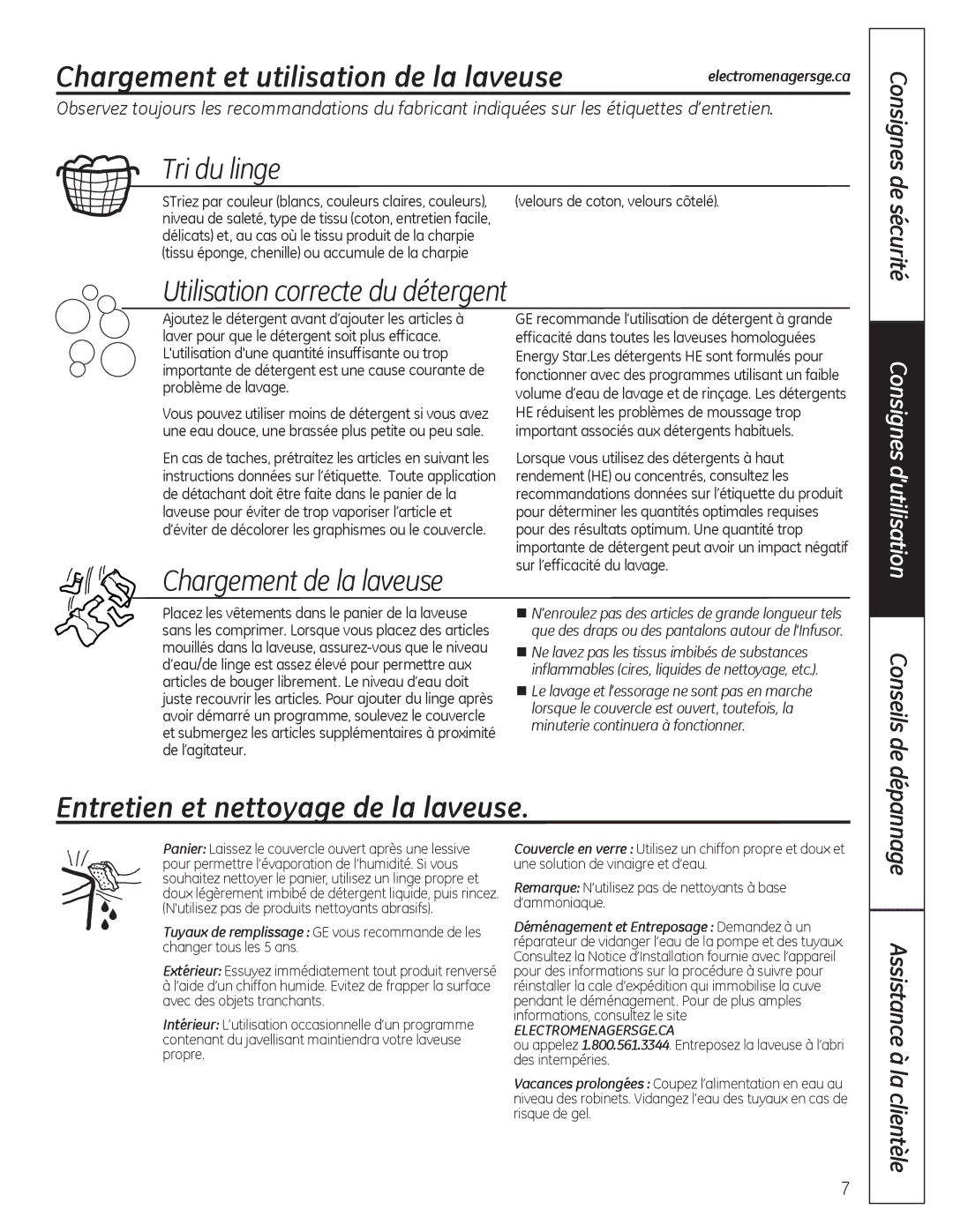 GE G141 owner manual Chargement et utilisation de la laveuse, Tri du linge, Chargement de la laveuse 