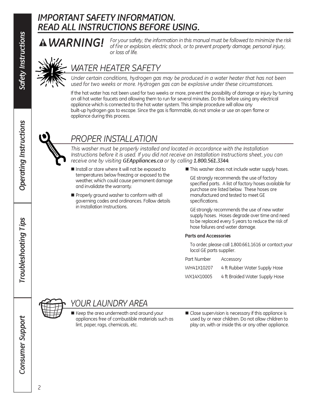 GE G141 owner manual WaTEr HEaTEr SaFETY, ProPEr InSTaLLaTIon, Your LaundrY arEa 