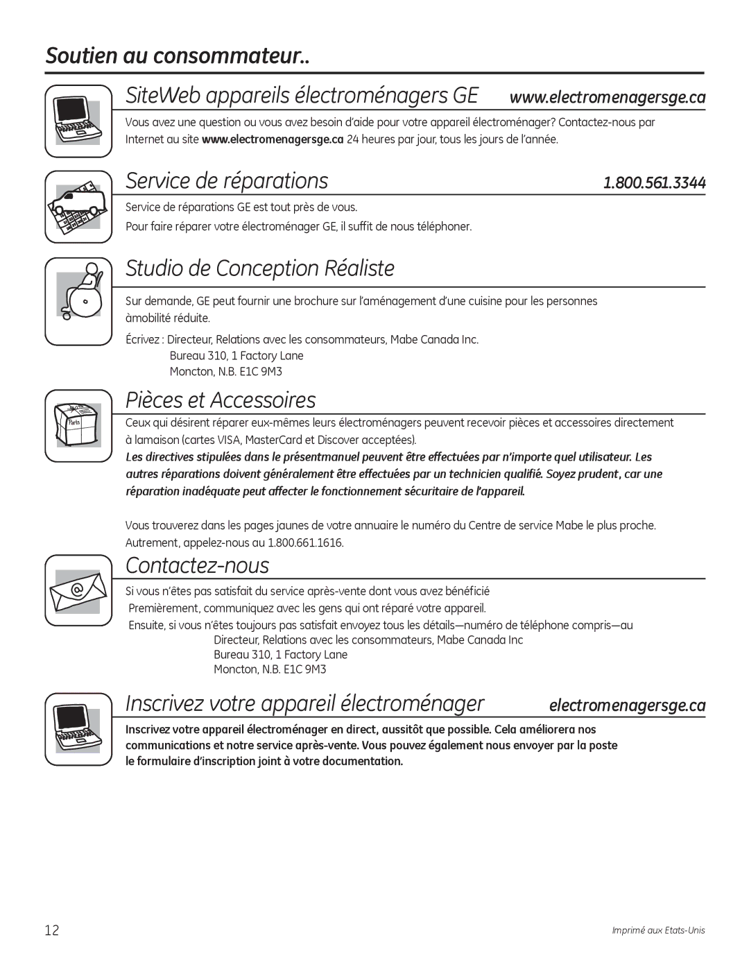 GE G141 owner manual Soutien au consommateur Service de réparations, Studio de Conception Réaliste, Pièces et Accessoires 