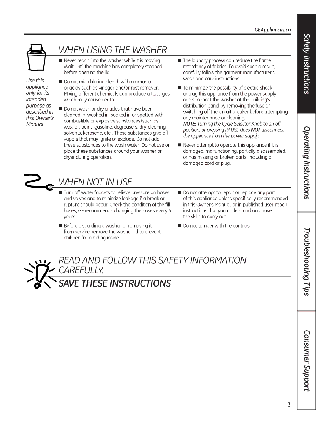 GE G141 owner manual WHEn uSInG the WaSHEr, WHEn noT In uSE, REad and FoLLoW this SaFETY InFormaTIon carEFuLLY, Operating 