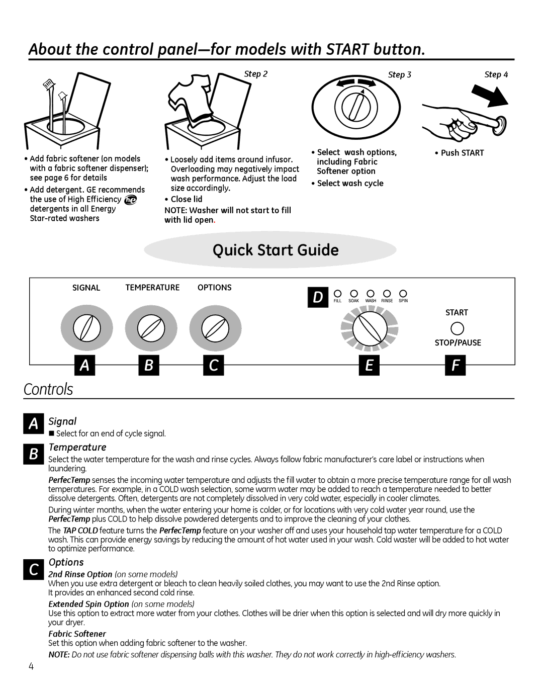 GE G141 owner manual About the control panel-for models with Start button, Controls, Signal, Temperature, Options 