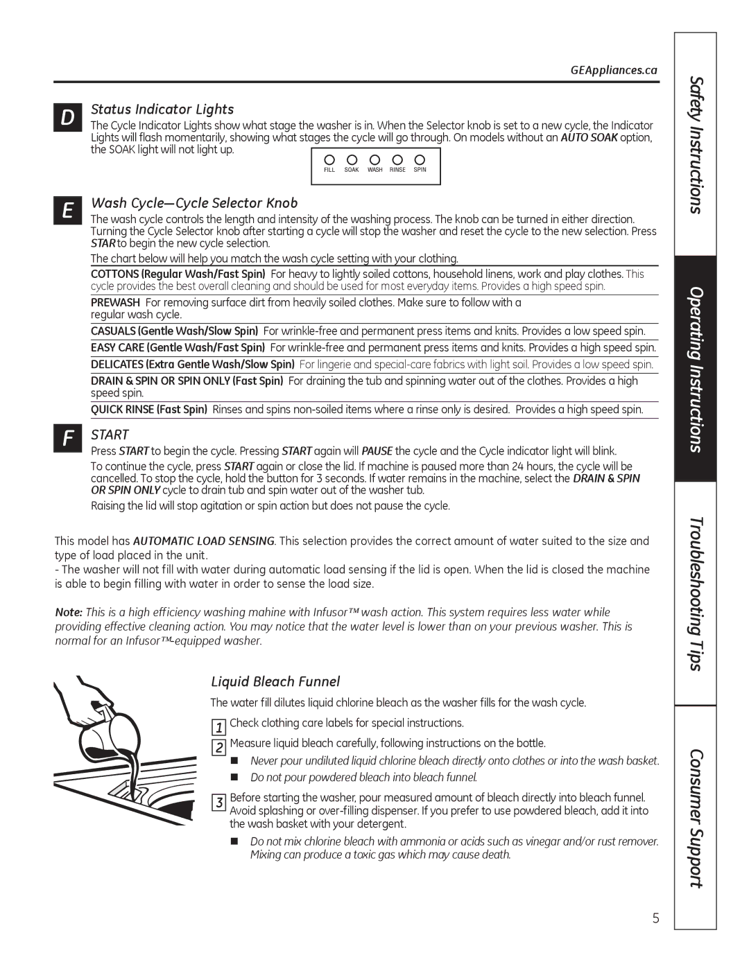 GE G141 Safety Instructions, Troubleshooting Tips Consumer Support, Status Indicator Lights, Liquid Bleach Funnel 