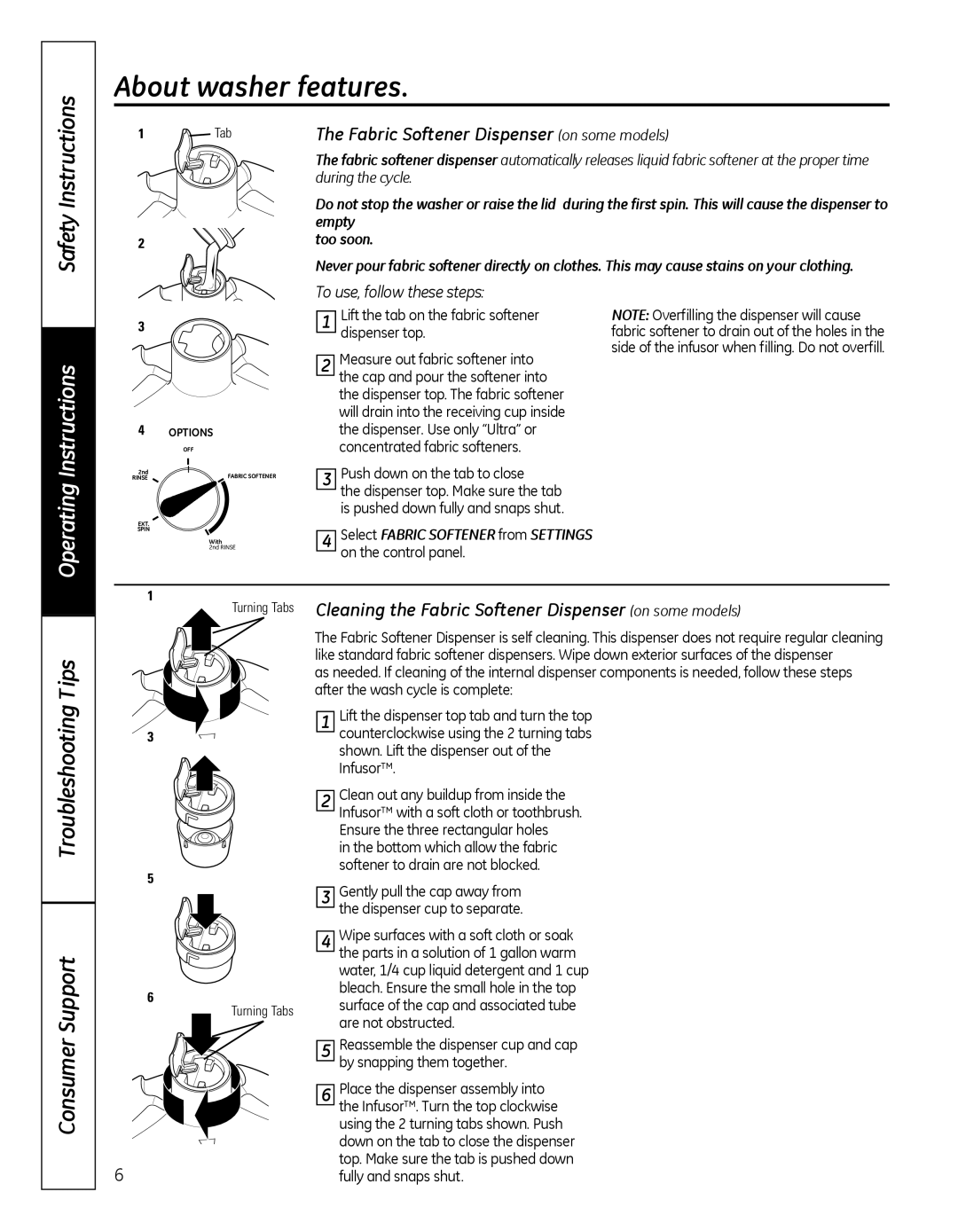 GE G141 owner manual About washer features, Fabric Softener Dispenser on some models, To use, follow these steps 