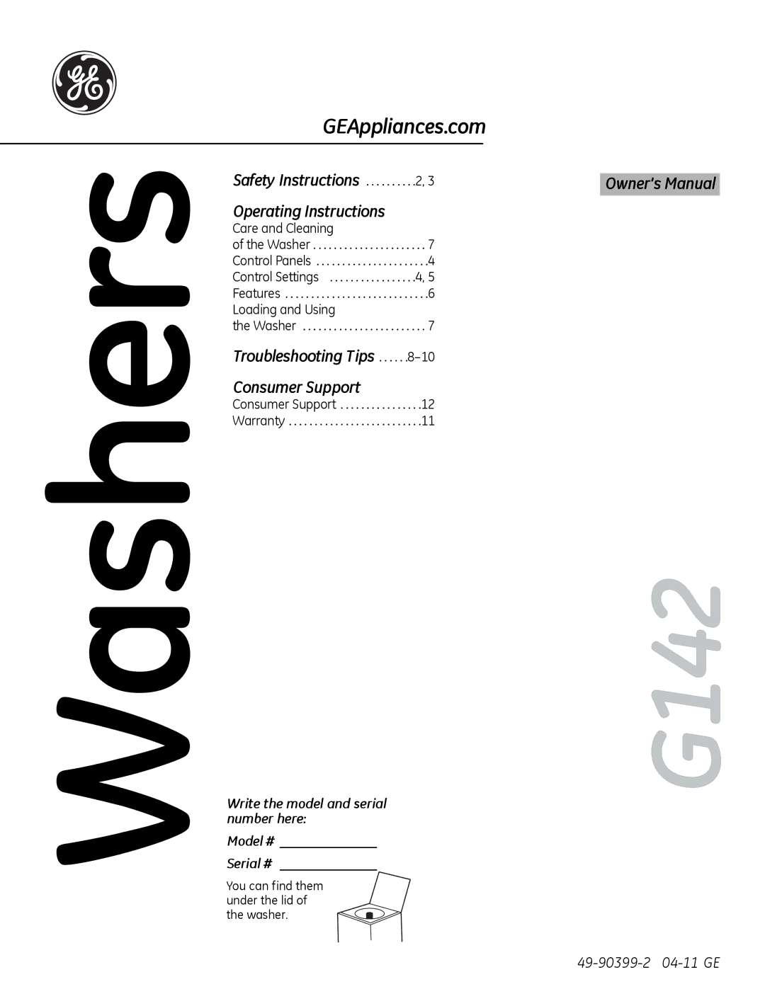 GE G142 owner manual Washers 