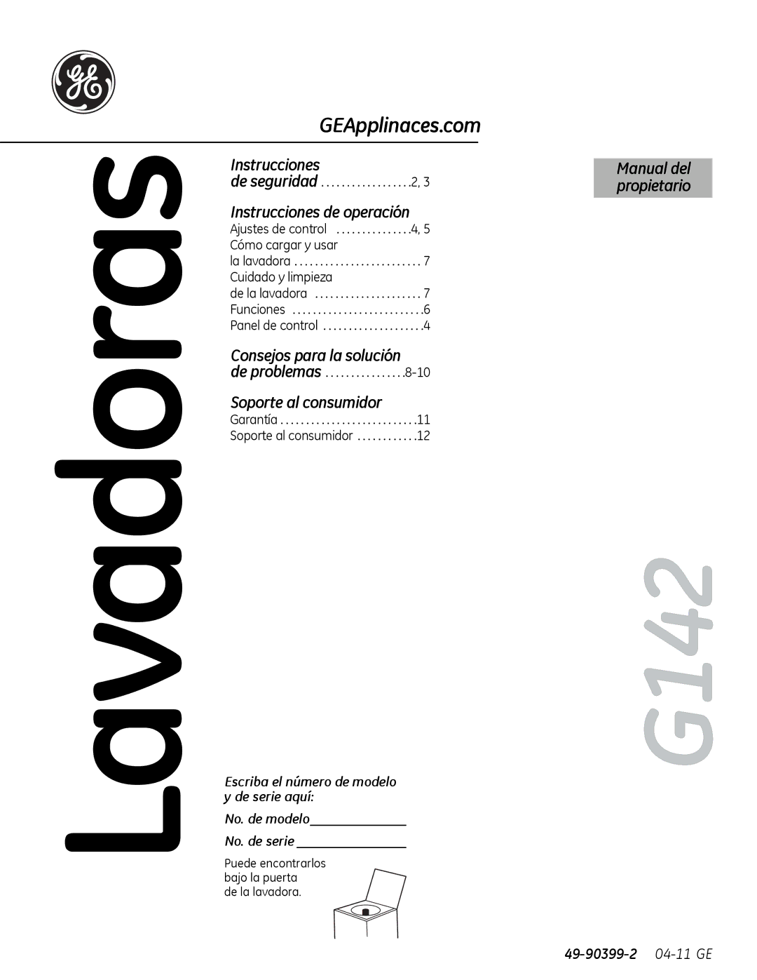 GE G142 owner manual Lavadoras, 49-90399-2 04-11 GE 