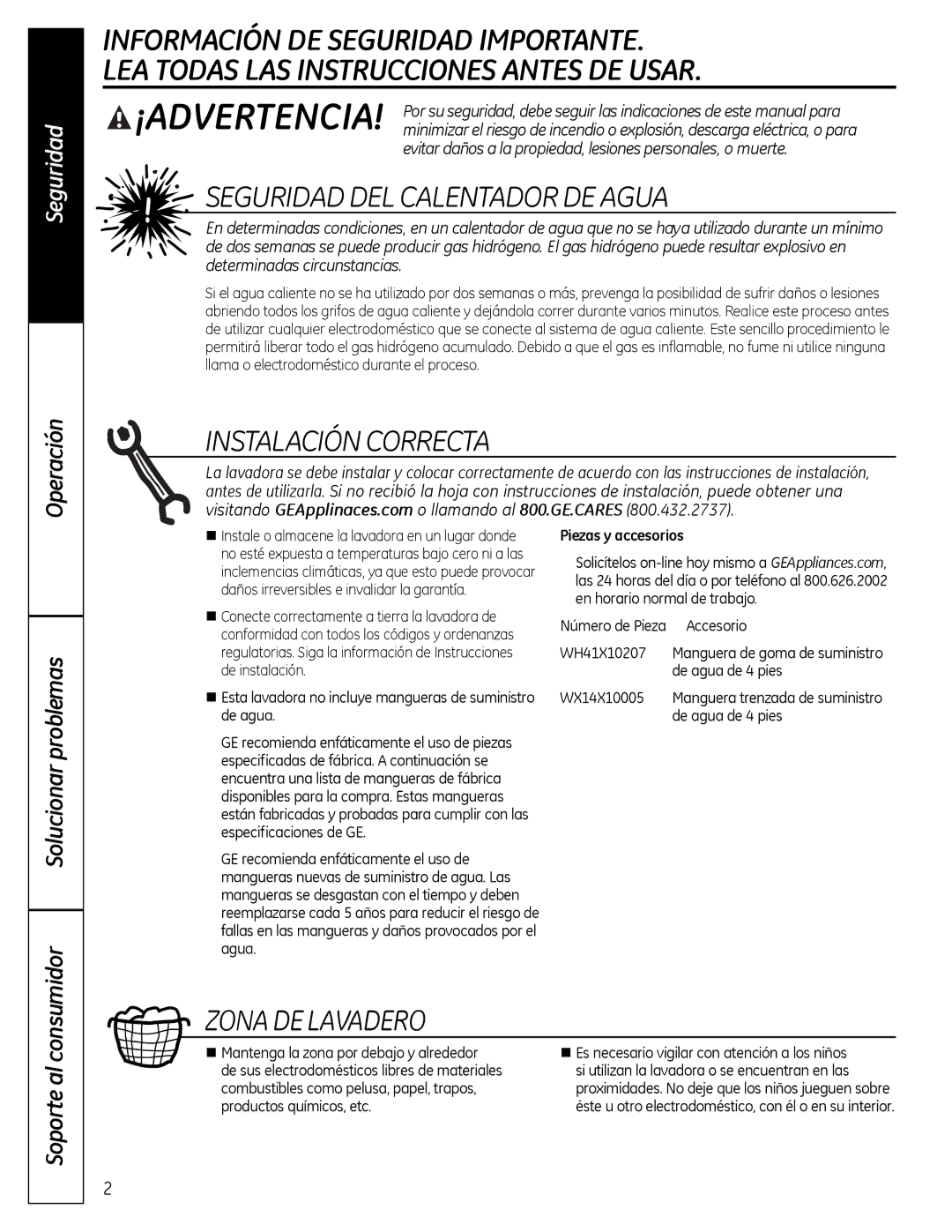 GE G142 owner manual Seguridad DEL Calentador DE Agua 