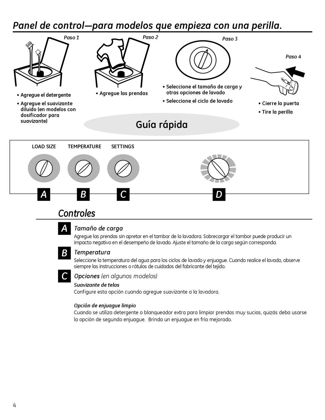 GE G142 owner manual Panel de control-para modelos que empieza con una perilla, Controles, Tamaño de carga, Temperatura 