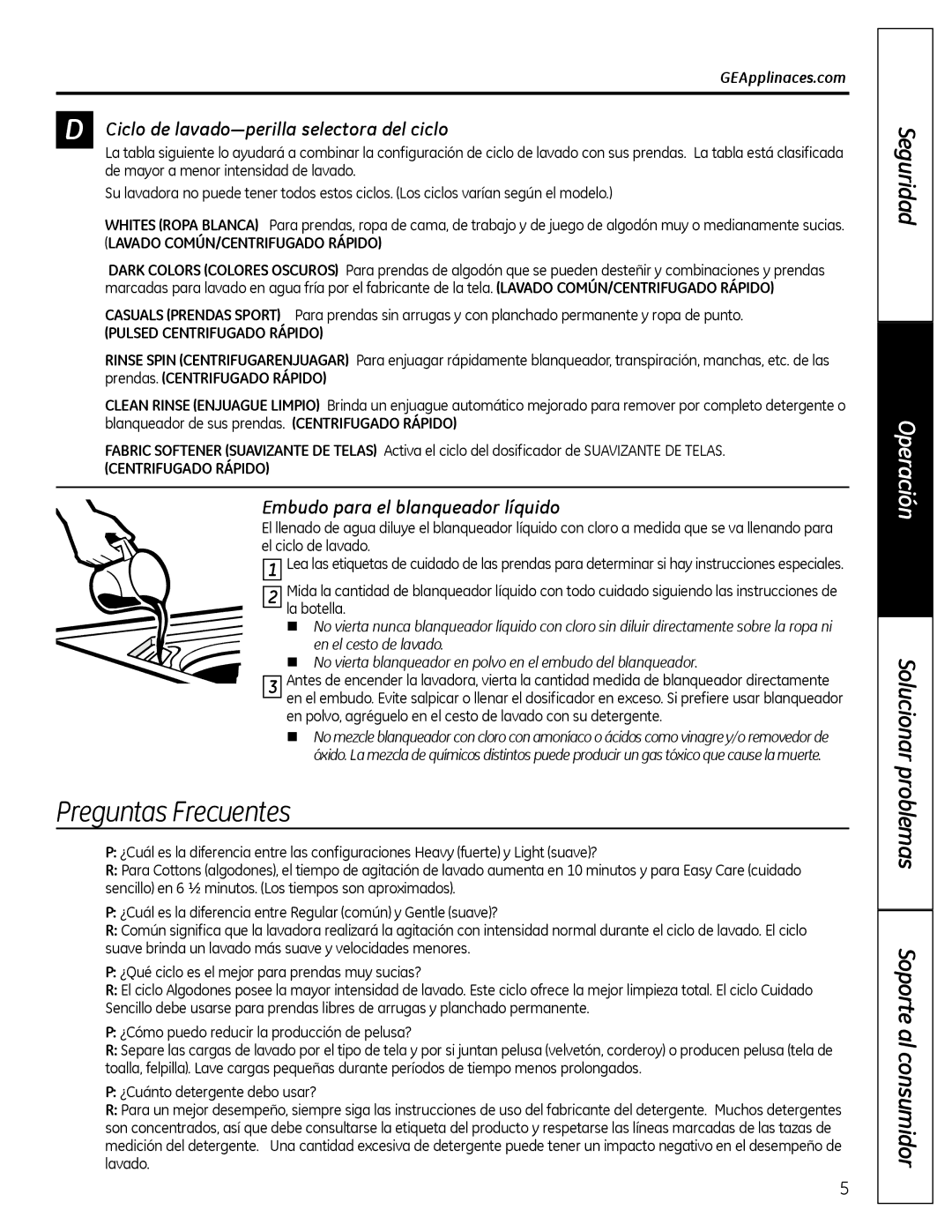 GE G142 owner manual Preguntas Frecuentes, Ciclo de lavado-perilla selectora del ciclo, Embudo para el blanqueador líquido 