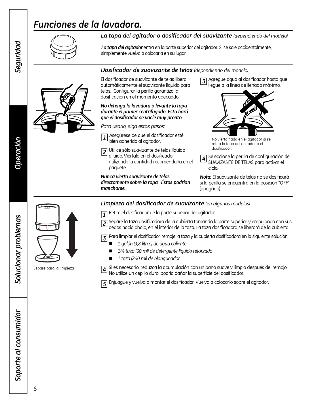 GE G142 owner manual Funciones de la lavadora, Dosificador de suavizante de telas 