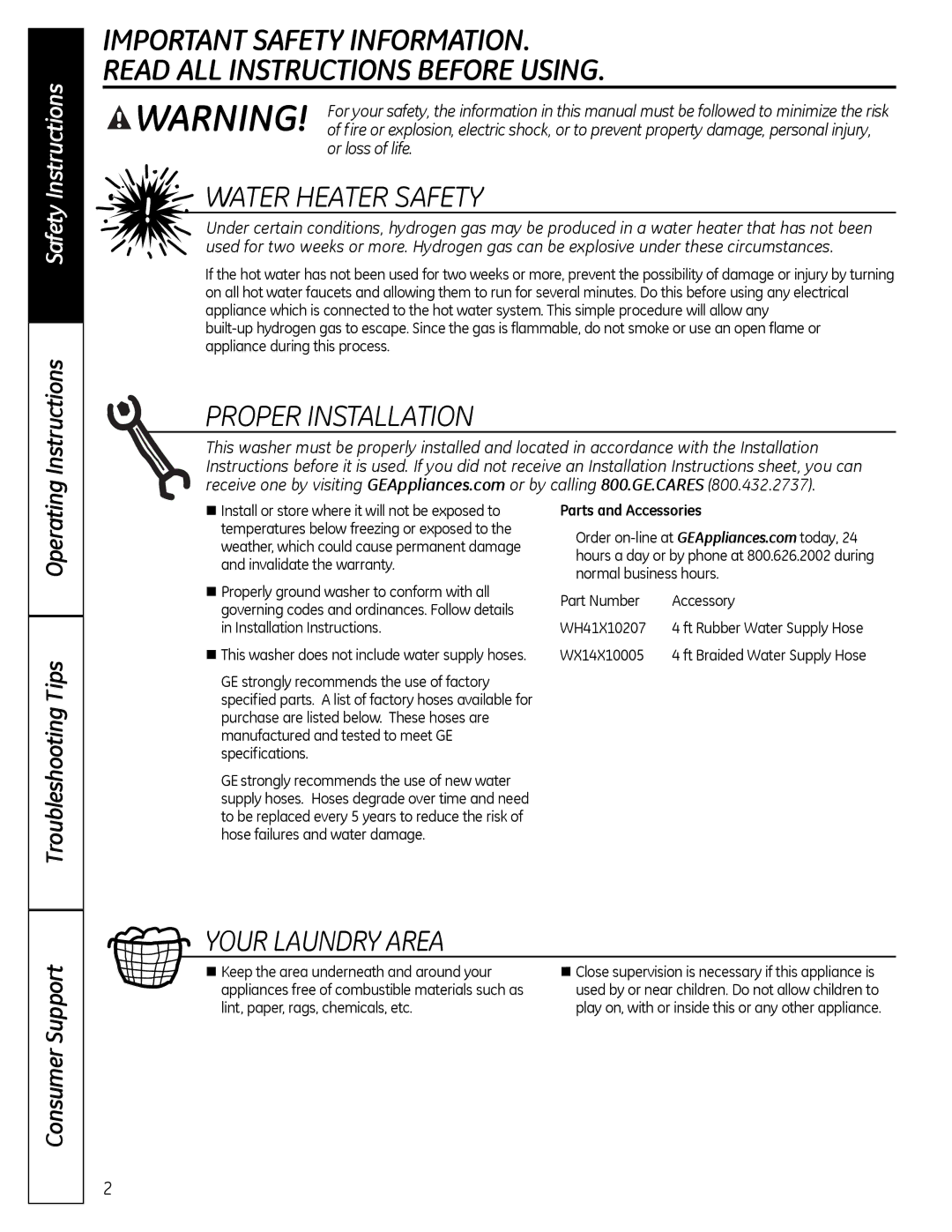 GE G142 owner manual WaTEr HEaTEr SaFETY, ProPEr InSTaLLaTIon, Your LaundrY arEa, Operating 