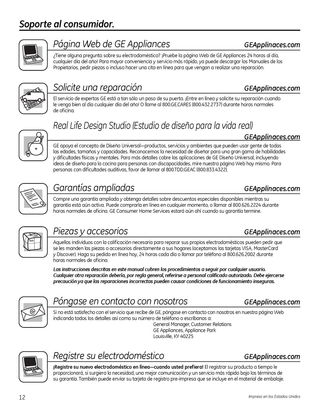 GE G142 owner manual Soporte al consumidor Página Web de GE Appliances, Solicite una reparación, Garantías ampliadas 