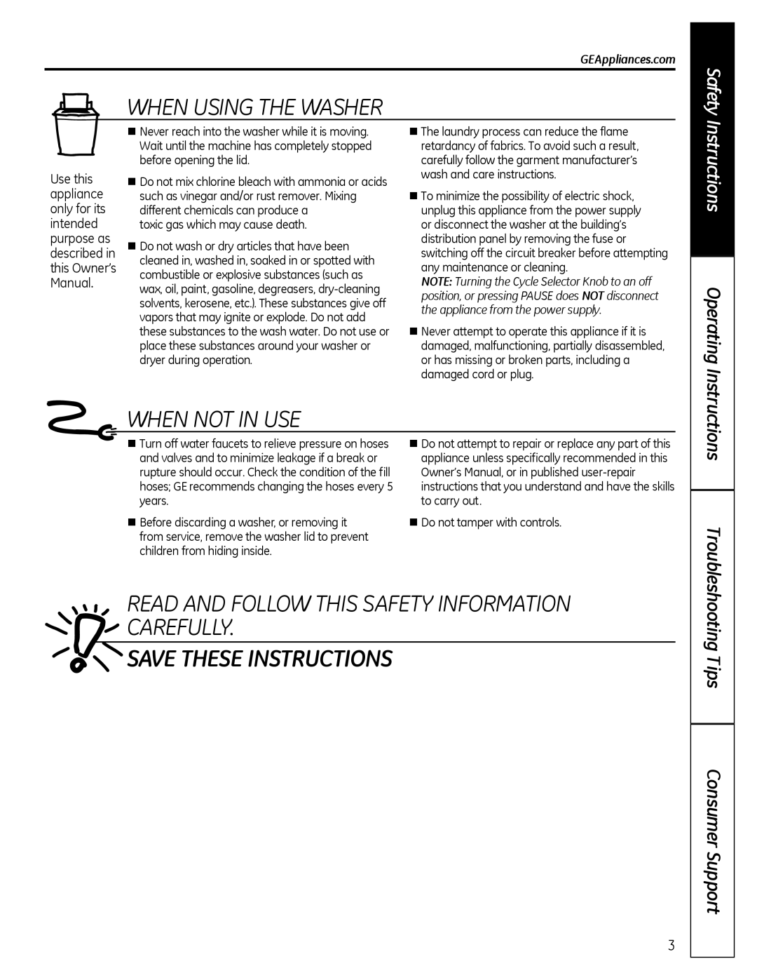 GE G142 WHEn uSInG the WaSHEr, WHEn noT In uSE, REad and FoLLoW this SaFETY InFormaTIon carEFuLLY, GEAppliances.com 