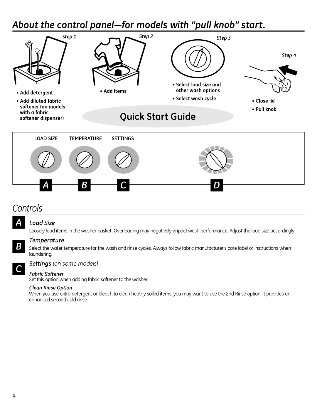 GE G142 owner manual About the control panel-for models with pull knob start, Controls, Load Size, Temperature 