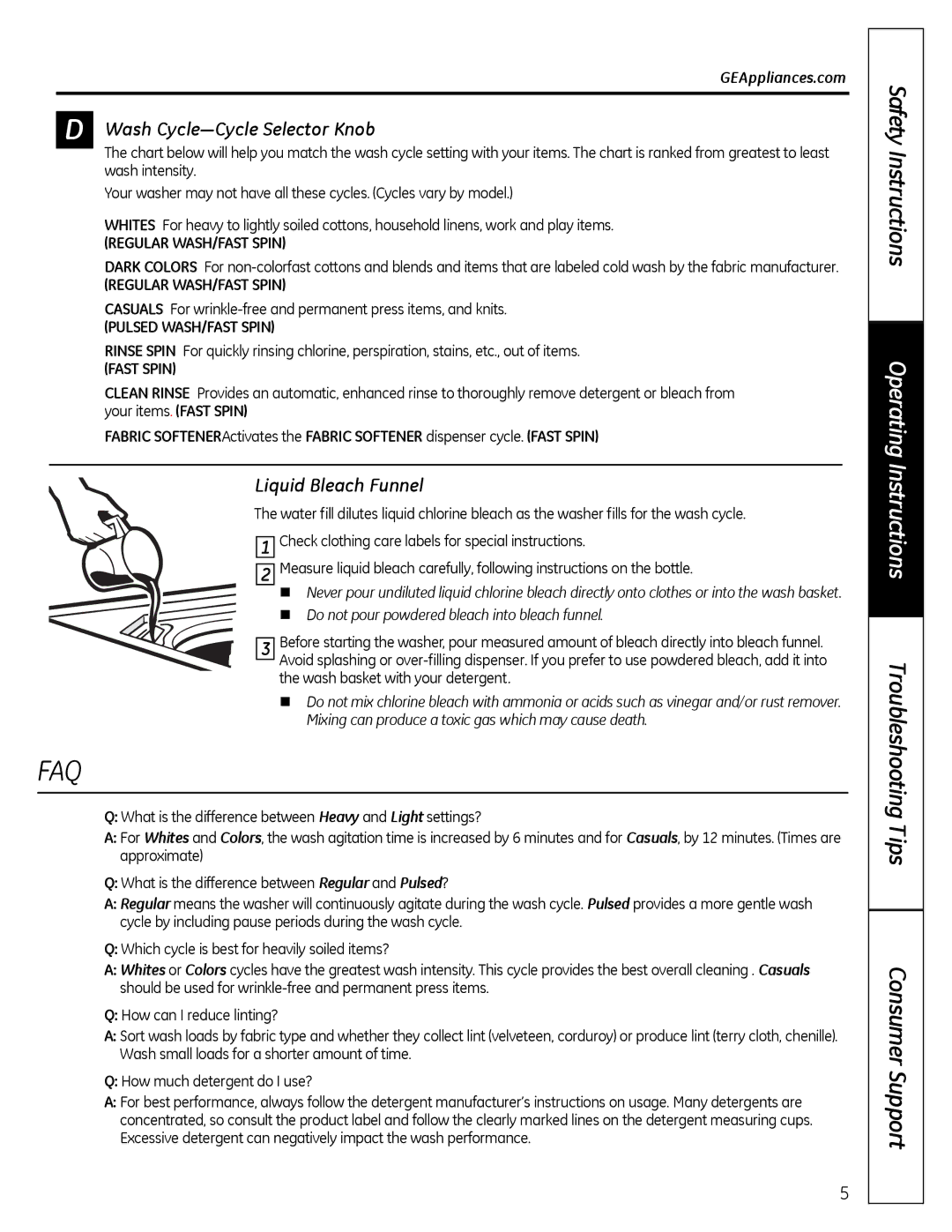 GE G142 owner manual FaQ, Wash Cycle-Cycle Selector Knob, Liquid Bleach Funnel 