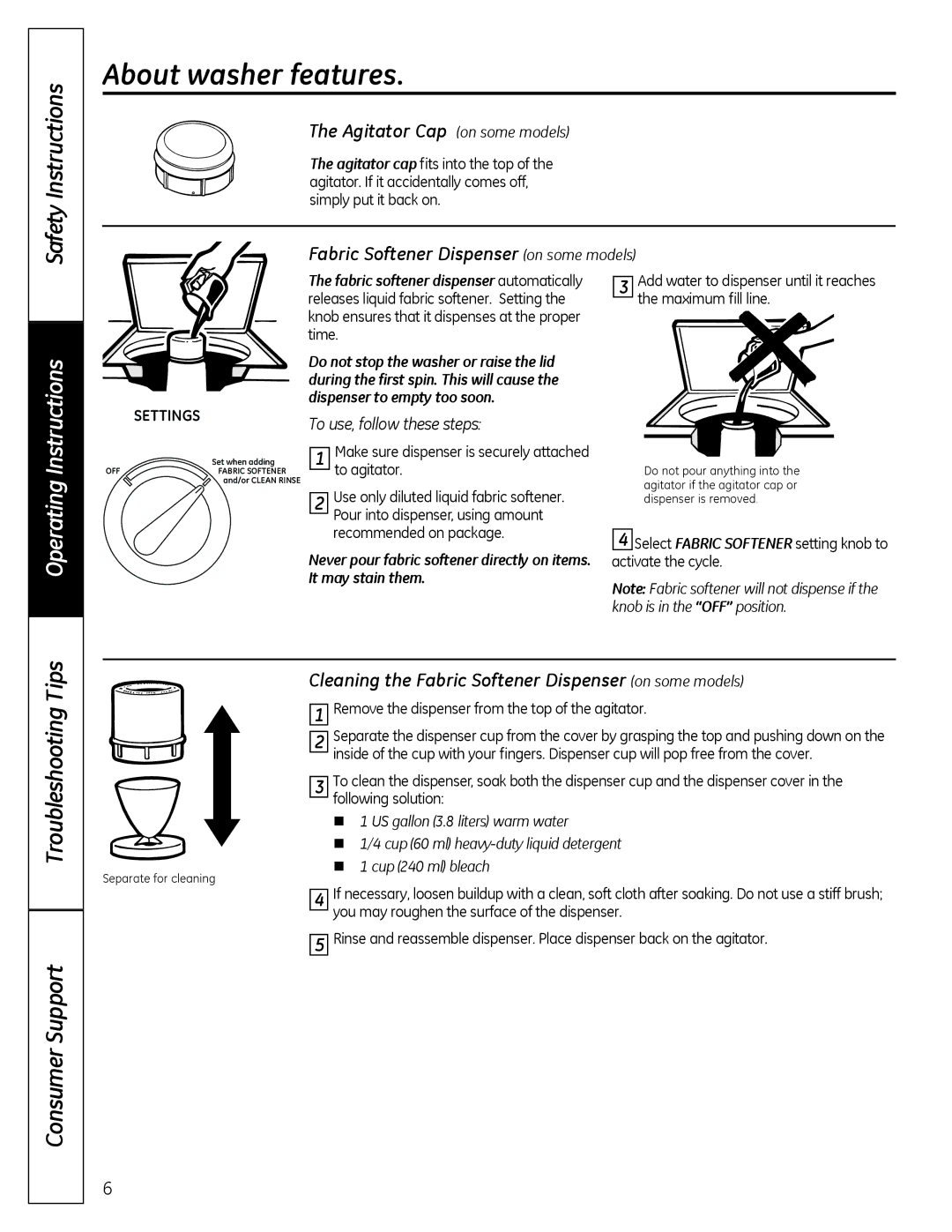 GE G142 owner manual About washer features, Agitator Cap on some models, Fabric Softener Dispenser on some models 