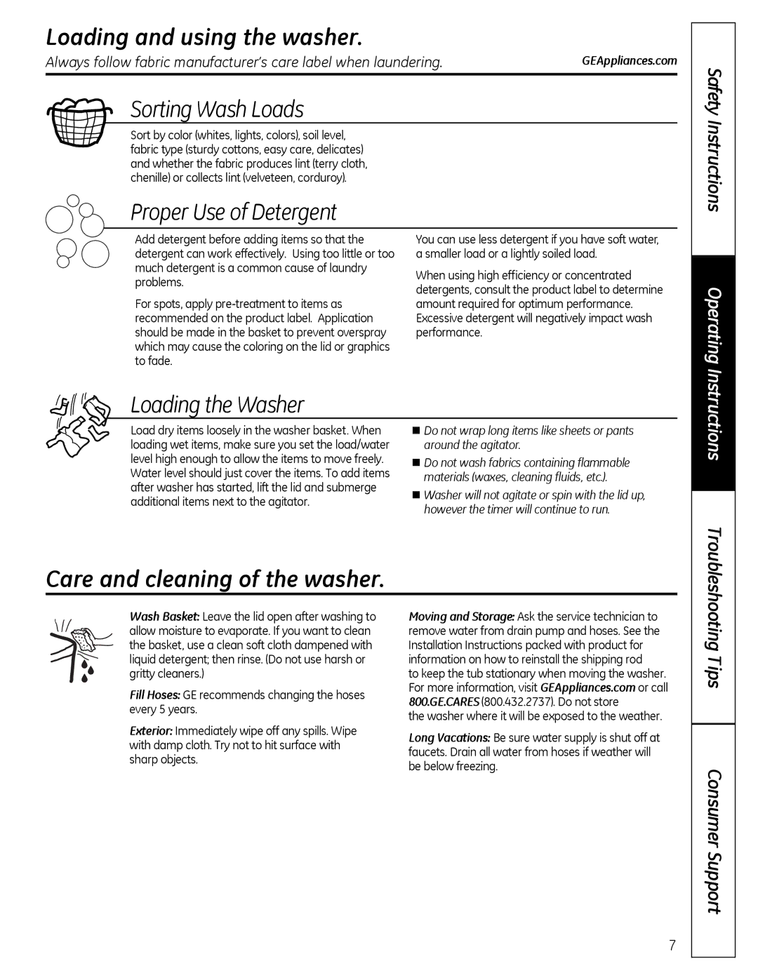 GE G142 owner manual Loading and using the washer, Sorting Wash Loads, Proper use of detergent, Loading the Washer 