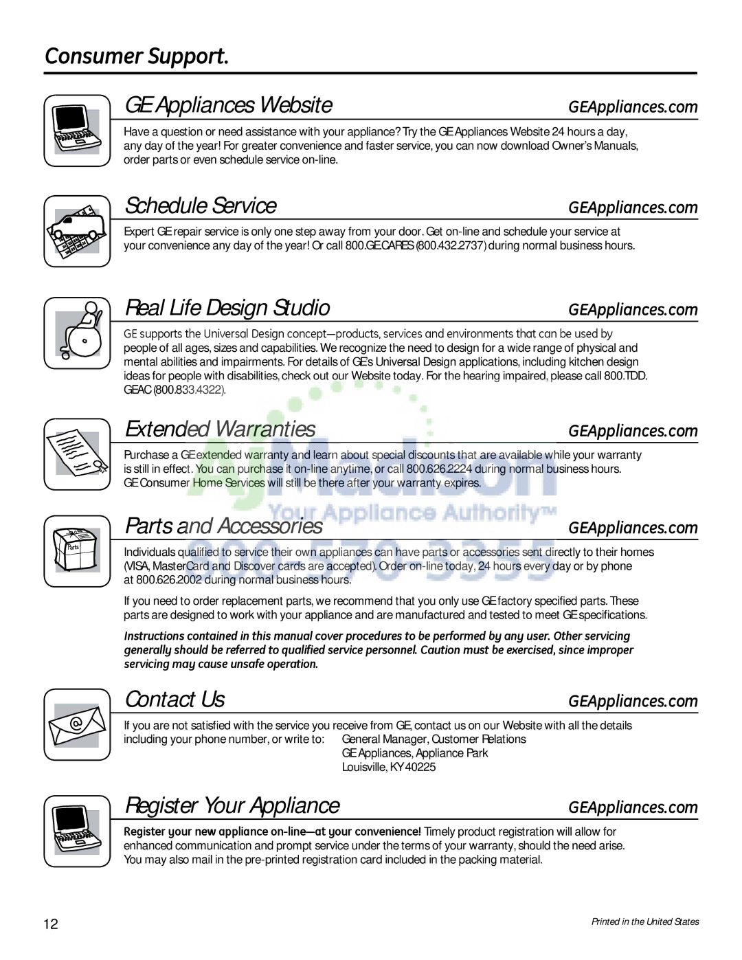 GE G153 Consumer Support GE Appliances Website, Schedule Service, Real Life Design Studio, Extended Warranties, Contact Us 