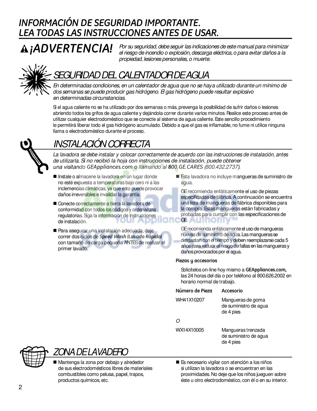 GE G153 owner manual Seguridad DEL Calentador DE Agua, Instalación Correcta, Zona DE Lavadero, Número de Pieza Accesorio 