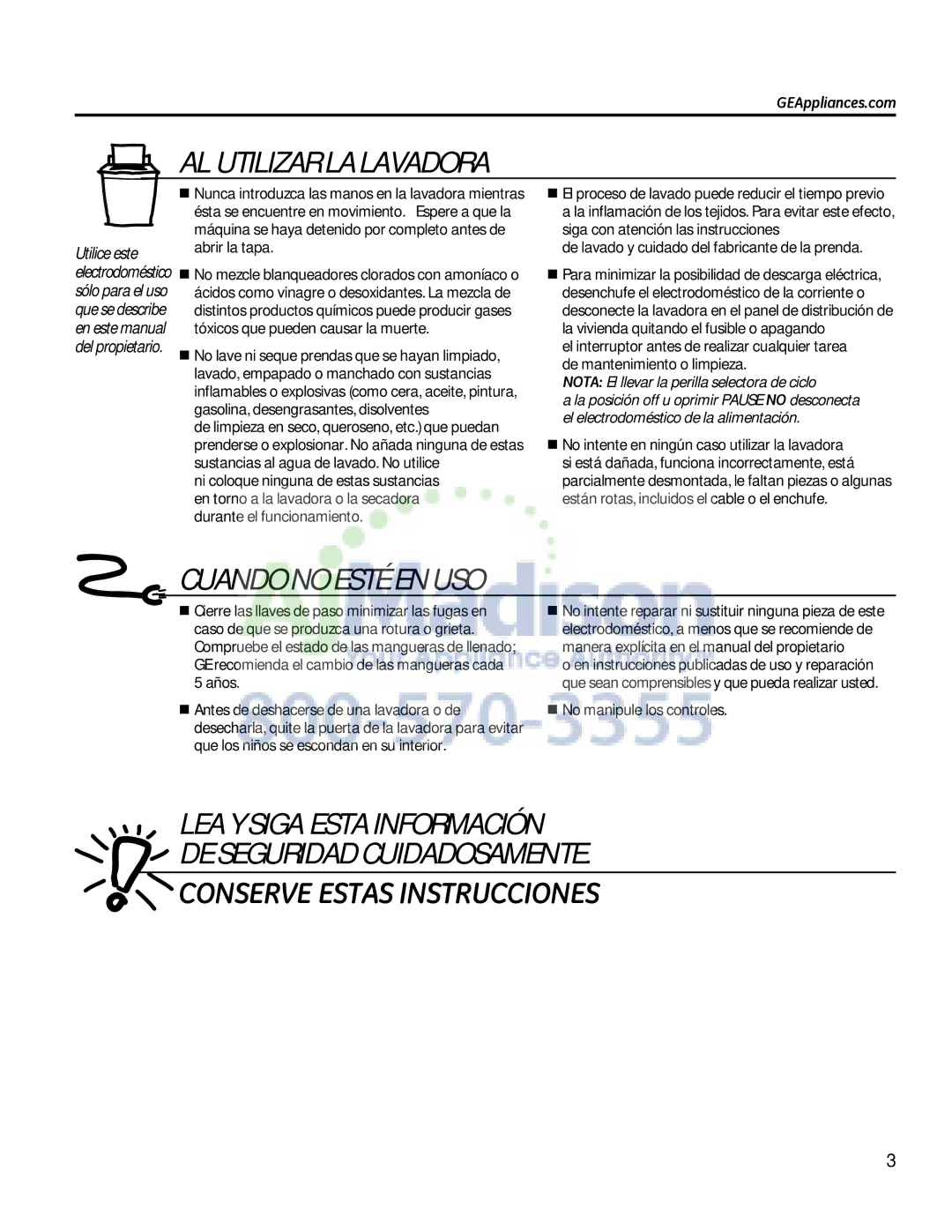 GE G153 AL Utilizar LA Lavadora, Cuando no Esté EN USO, LEA Y Siga Esta Información DE Seguridad Cuidadosamente 