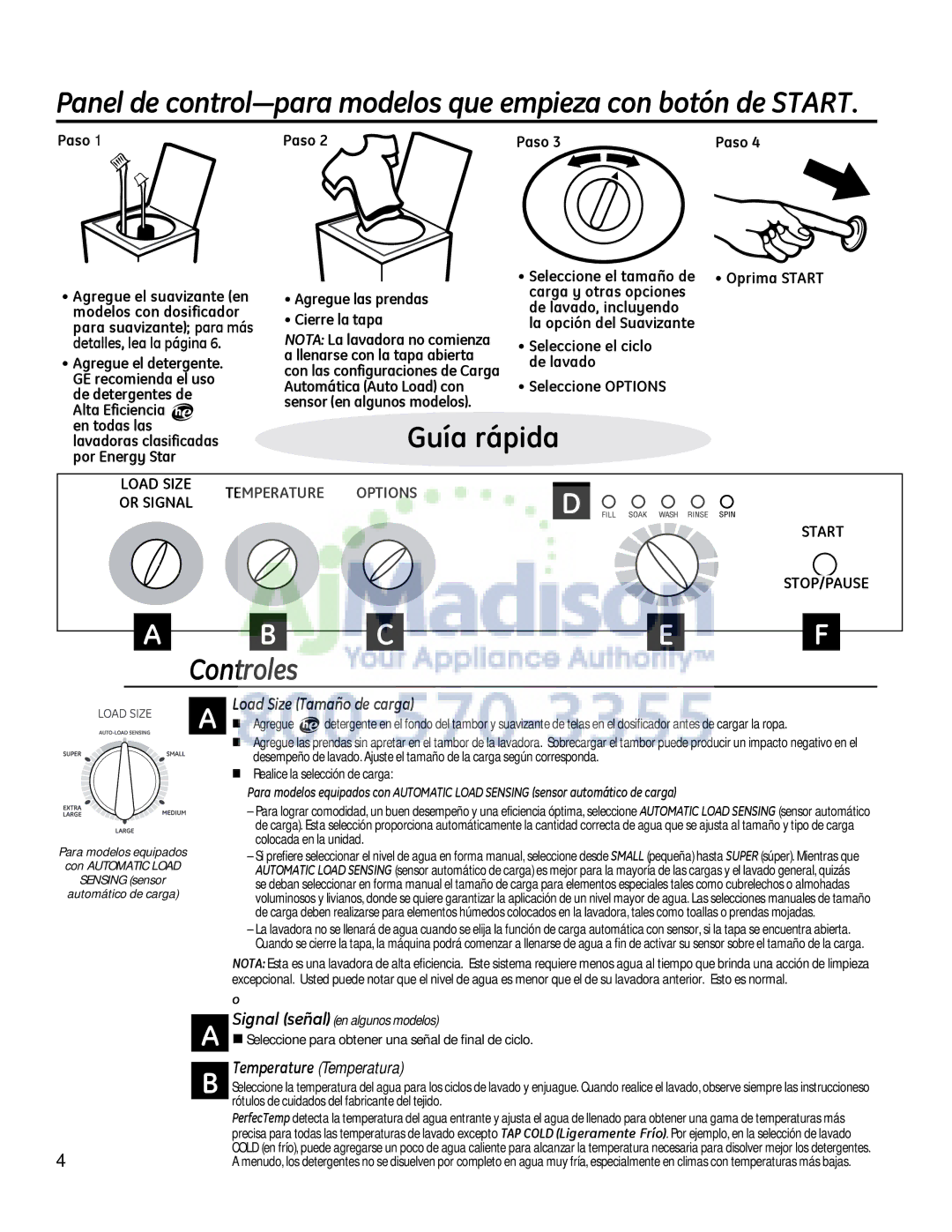 GE G153 owner manual Load Size Tamaxo de carga, Temperature Temperatura 