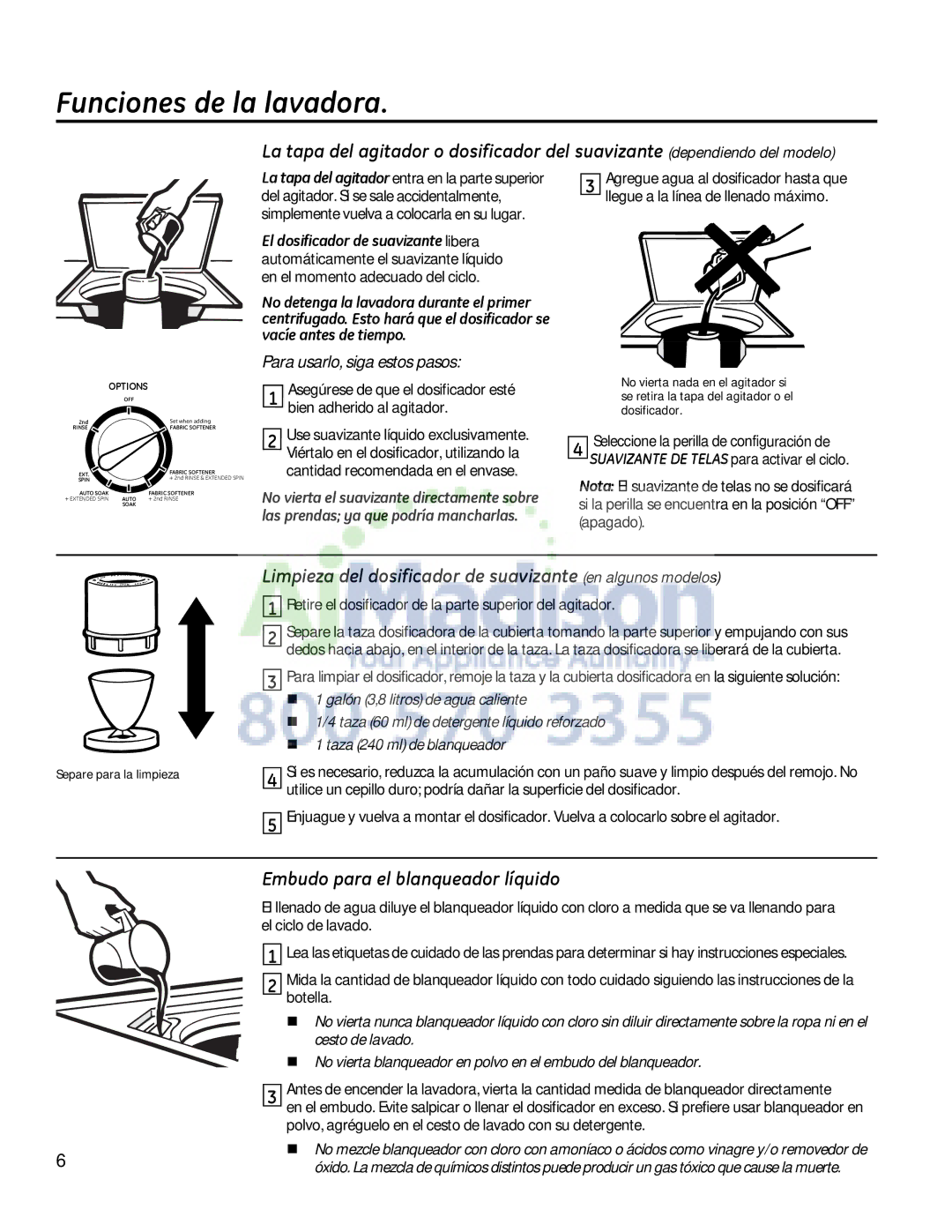 GE G153 Funciones de la lavadora, Limpieza del dosificador de suavizante en algunos modelos, Para usarlo, siga estos pasos 